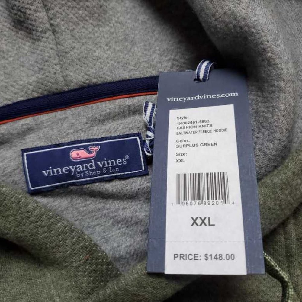 NEW  XL VINEYARD VINES SALTWATER FLEECE HOODIE IN SURPLUS GREEN SWEATER - Picture 3 of 8